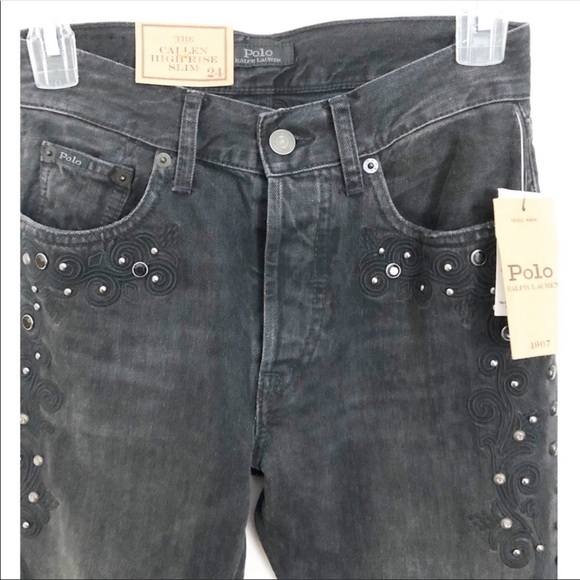 Polo Ralph Lauren Callen Studded High Rise Slim Jeans Black Sz 24 - Picture 5 of 13